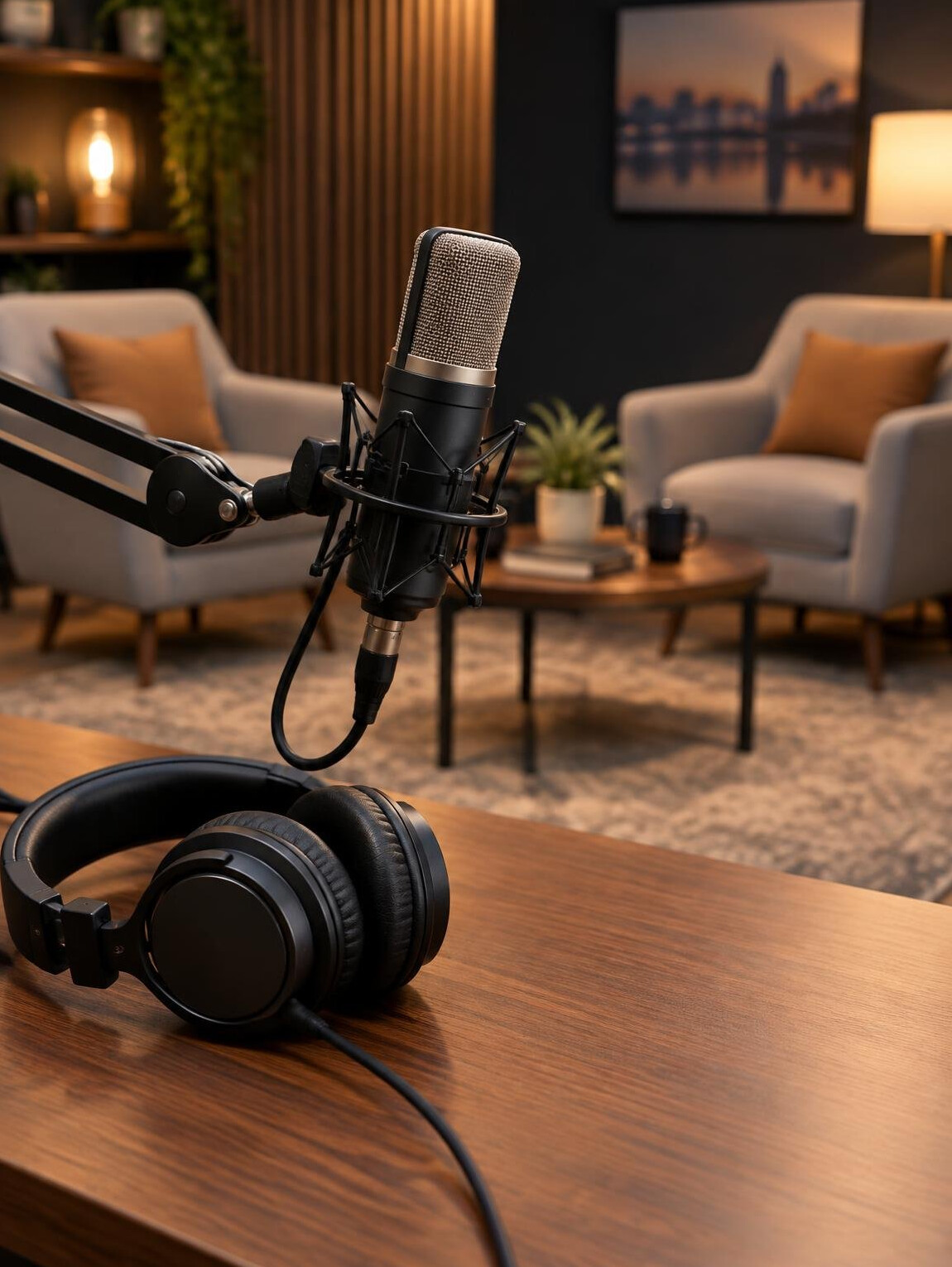 Studio microphone with headphones in a talk show recording room