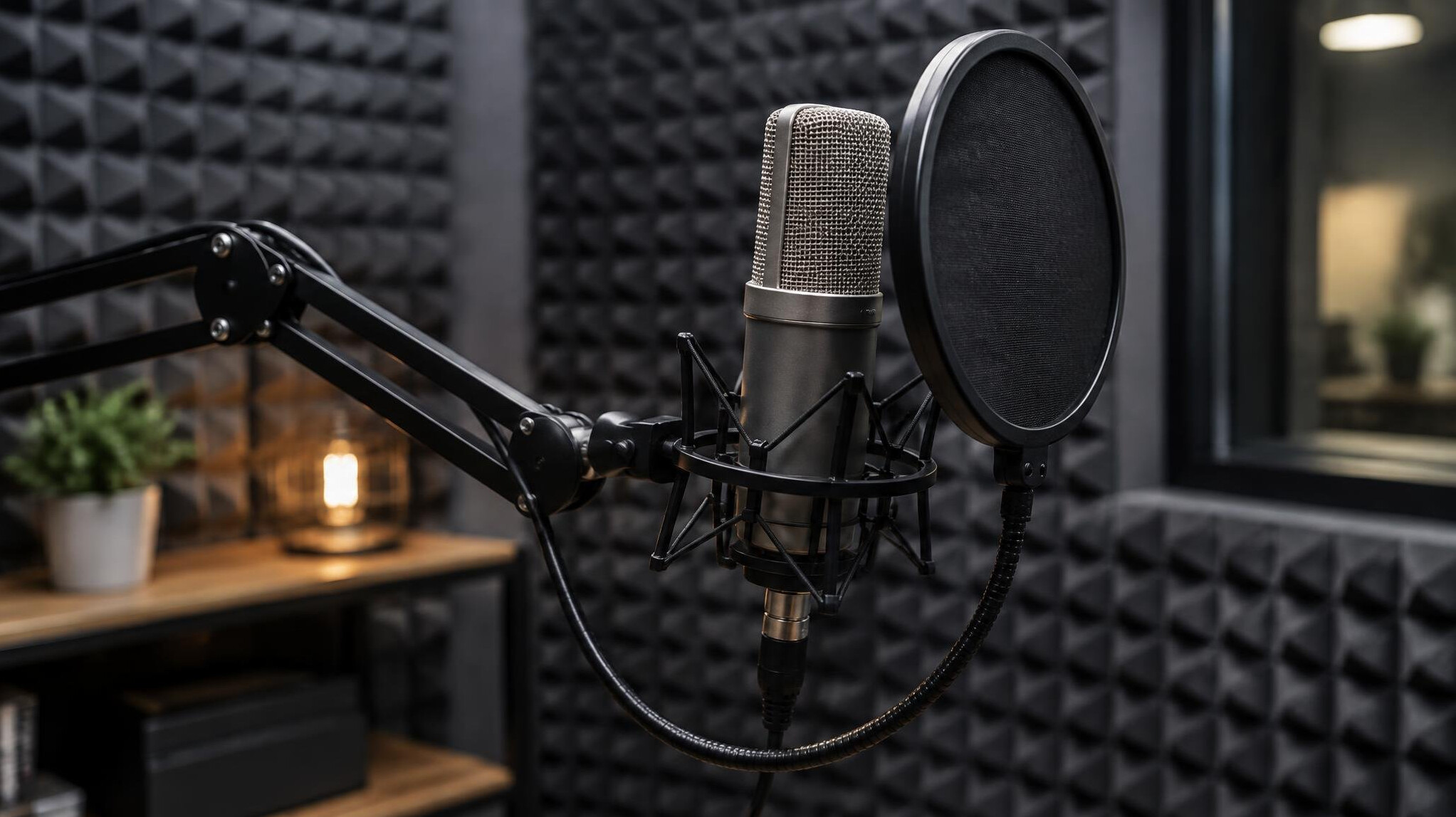 Podcast microphone on an arm with a pop filter in a recording studio