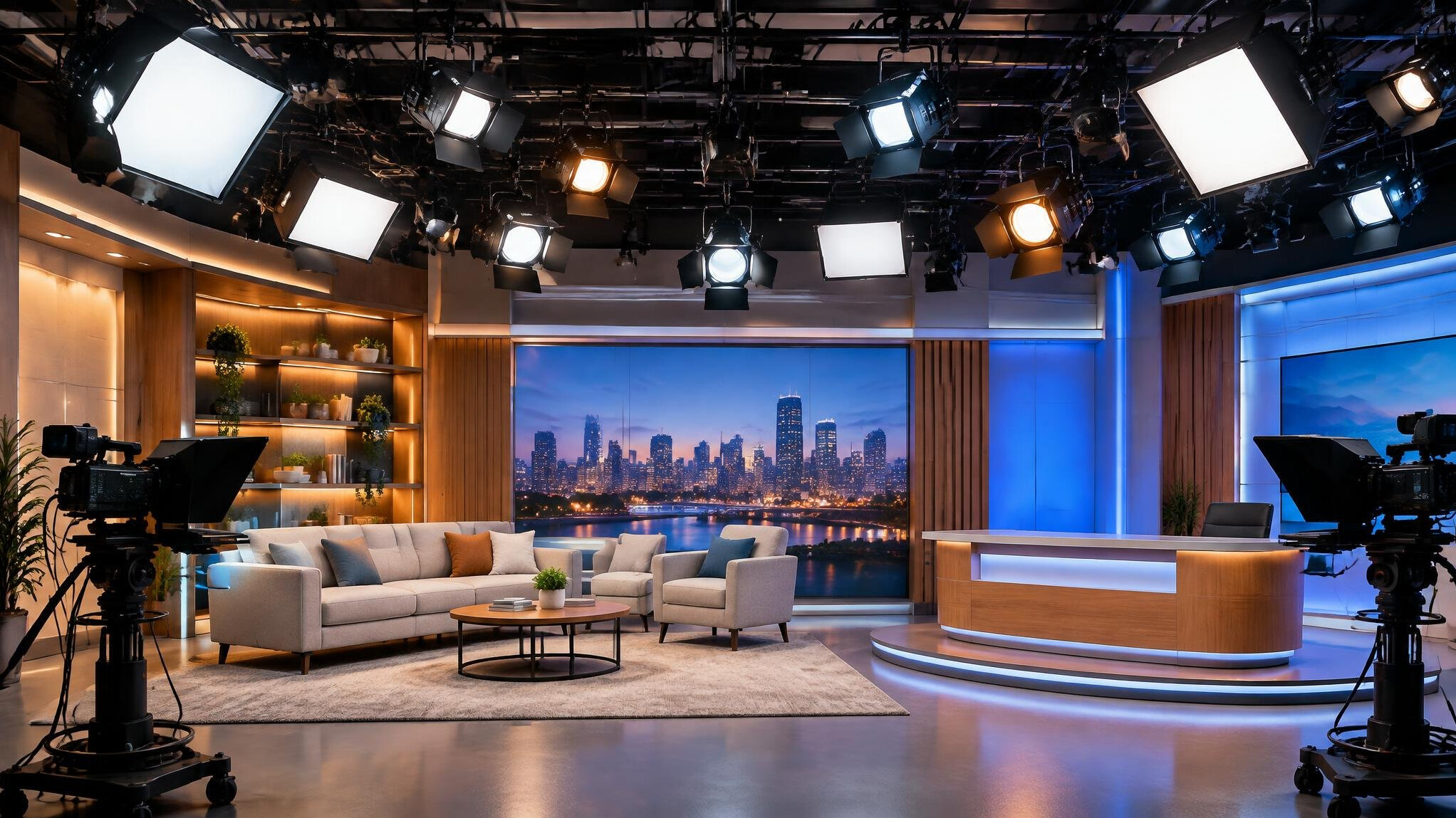 Stage lights and spotlights above a studio set