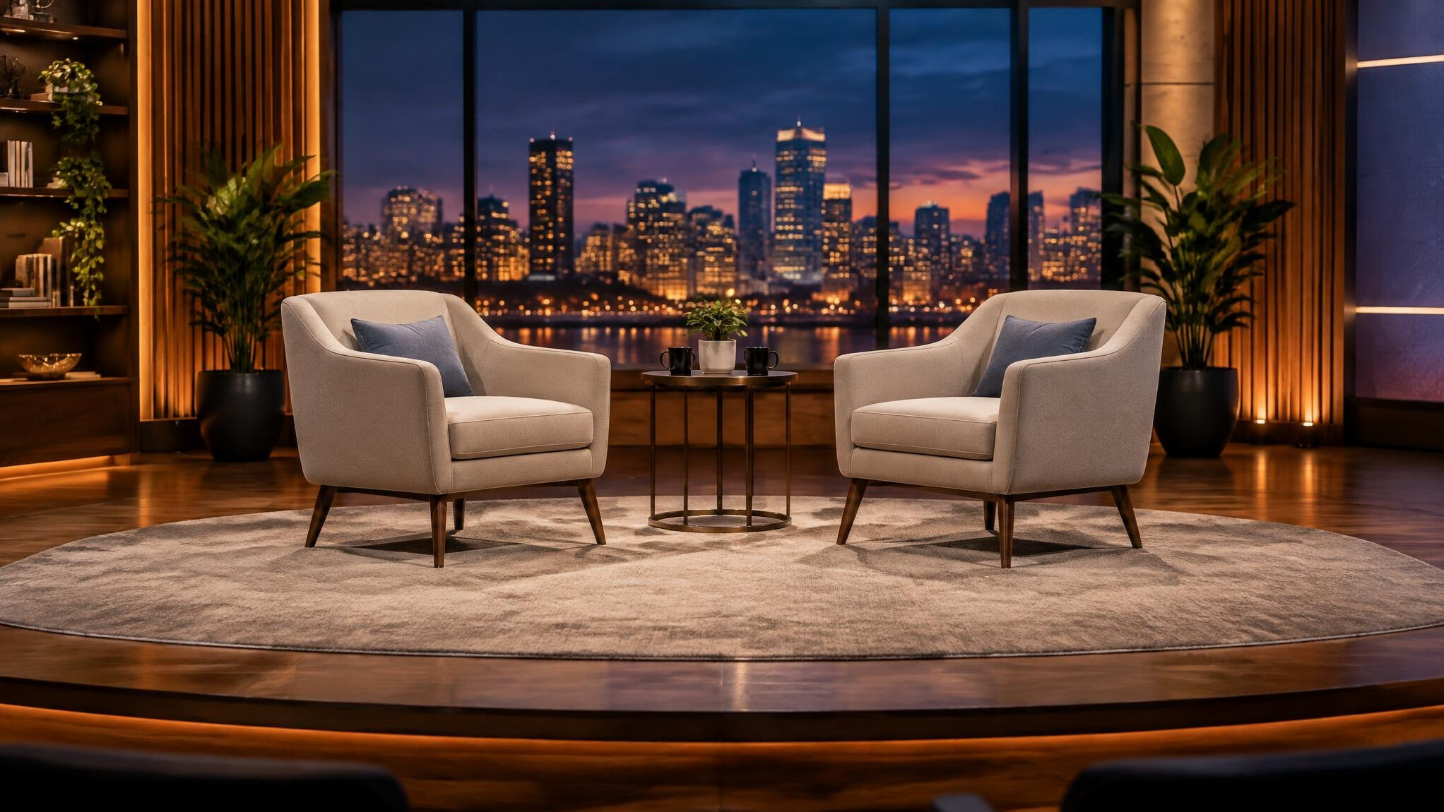 Empty stage with two chairs prepared for a panel conversation