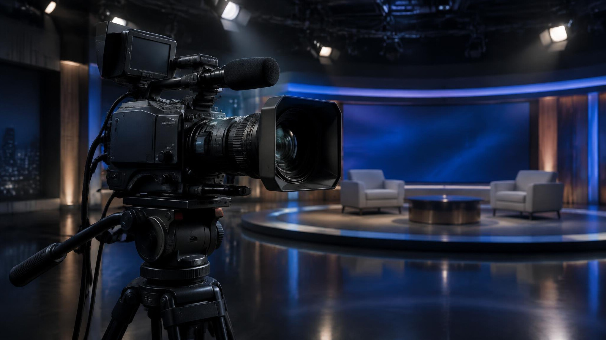 Professional video camera on a tripod in a studio