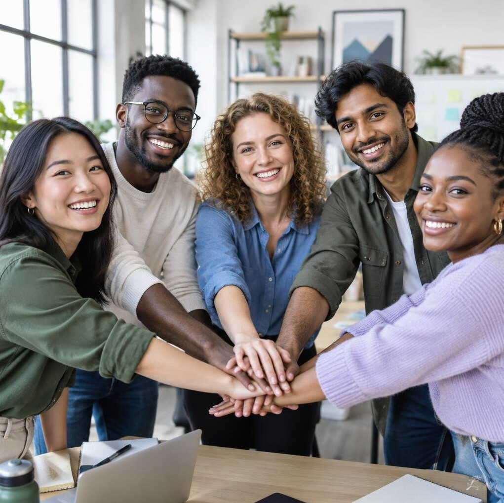 Team of colleagues stacking hands together in an office